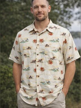 Crossings Hawaiian Shirt L Tropical Print Button Up Beach Vacation Cotton Mens